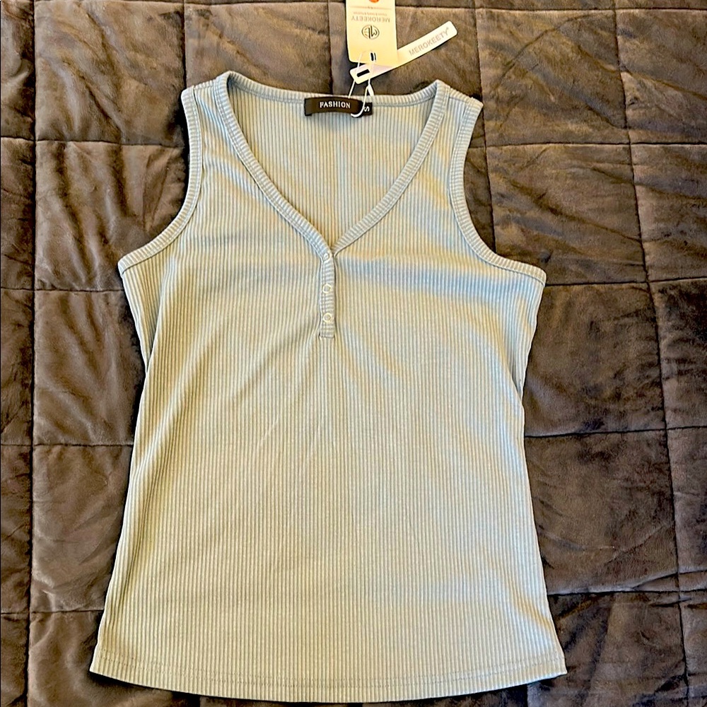 Blue Fitted Ribbed Sleeveless Tank Top